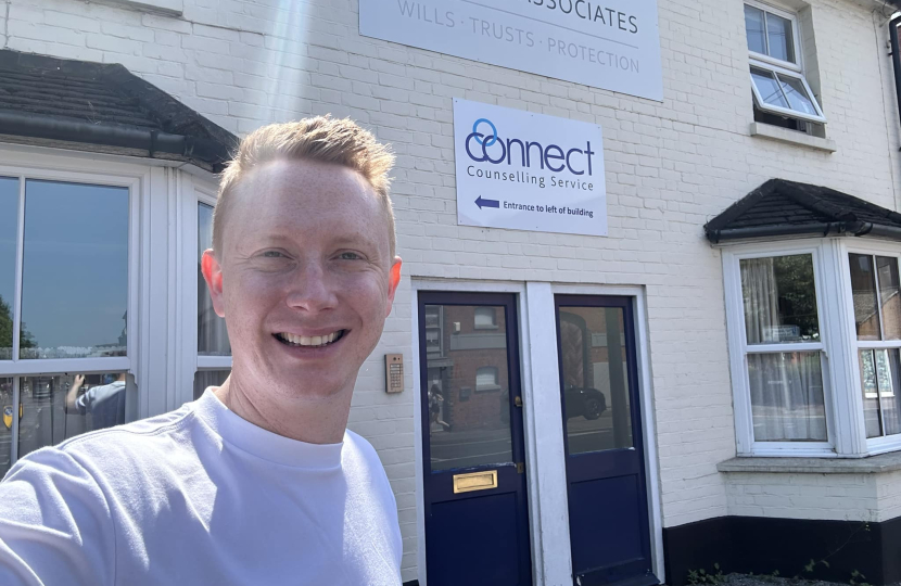 Pictured, Cllr Jonny Cope at Connect Counselling Service in Camberley