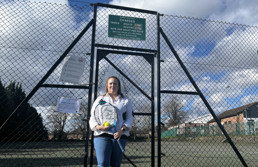 Pictured, Cllr. Rebecca Jennings-Evans at Frimley Green tennis courts