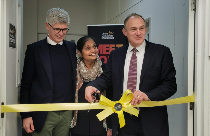 Pictured, Sir Ed Davey with Cllr Sarbie Kang, Bisley & West End, and the Lib Dem Parliamentary candidate for Surrey Heath, Alasdair Pinkerton,