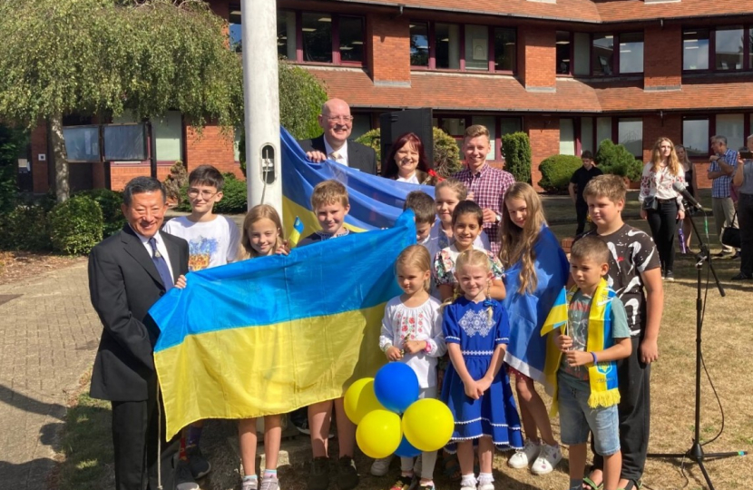 Pictured, the flag raising ceremony at Surrey Heath House to mark Ukrainian Independence Day