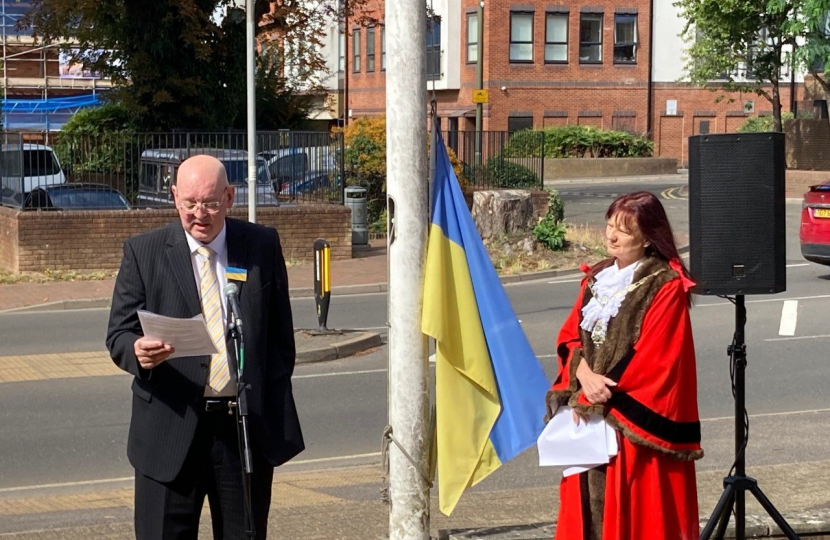 Pictured, the flag raising ceremony at Surrey Heath House to mark Ukrainian Independence Day