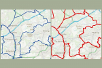 Pictured, the current Parliamentary boundaries for Surrey Heath in blue, and the new boundaries in red