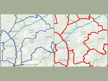 Pictured, the current Parliamentary boundaries for Surrey Heath in blue, and the new boundaries in red