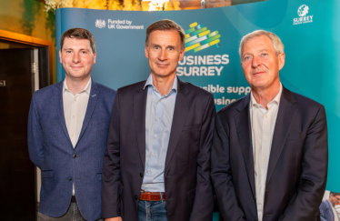 Pictured, Jeremy Hunt MP, Cllr Matt Furniss, and Cllr Tim Oliver at the launch of Business Surrey